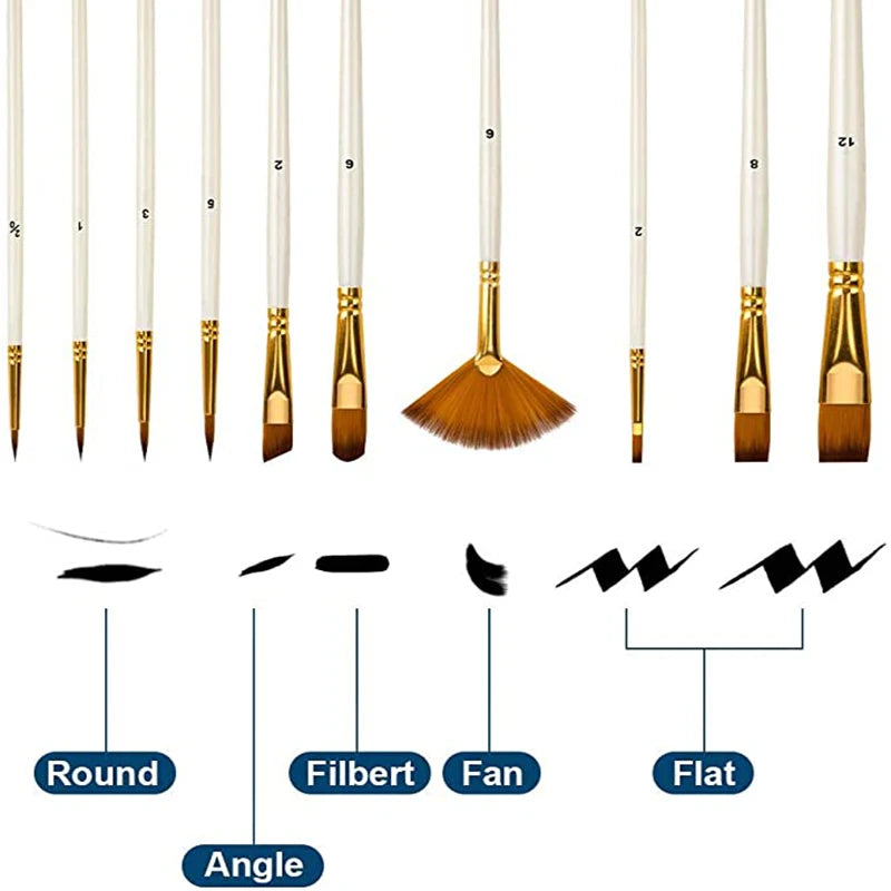 10Pcs Nylon Hair Paint Brush Set
