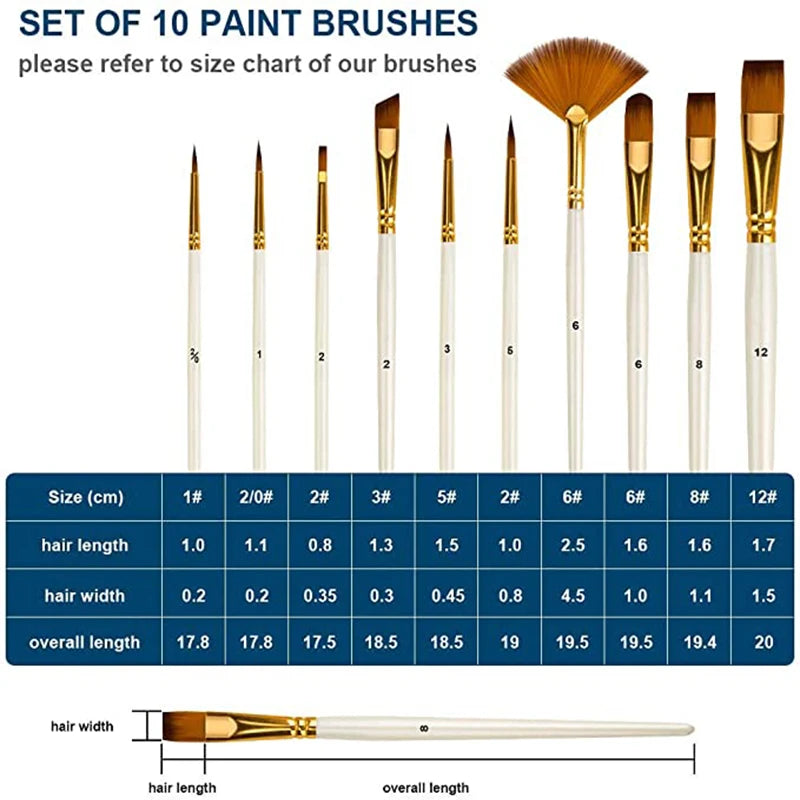 10Pcs Nylon Hair Paint Brush Set