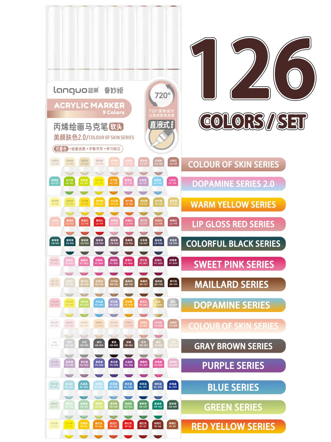 Languo 9pcs Soft Brush Acrylic Marker Pen Set
