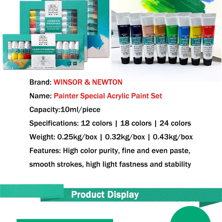 WINSOR & NEWTON Professional Acrylic Paint Set – 12/18/24 Colors, 10ml Tubes