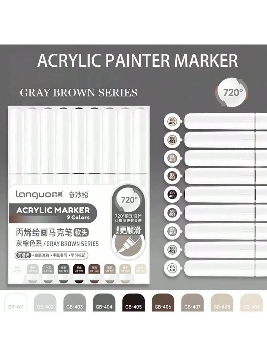 Languo 9pcs Soft Brush Acrylic Marker Pen Set