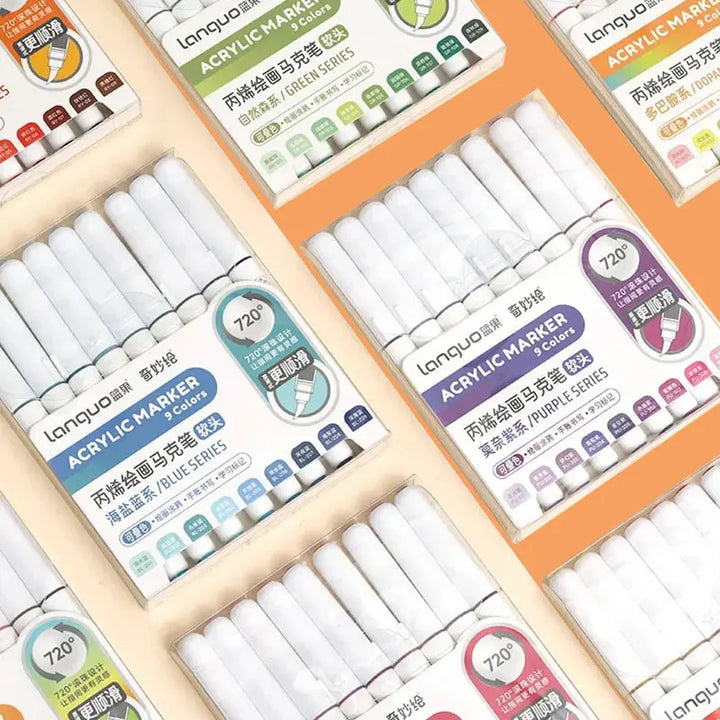 Languo 9pcs Soft Brush Acrylic Marker Pen Set