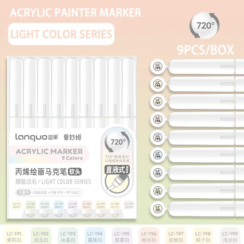 Languo 9pcs Soft Brush Acrylic Marker Pen Set