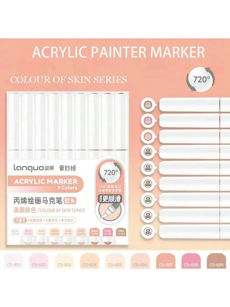 Languo 9pcs Soft Brush Acrylic Marker Pen Set