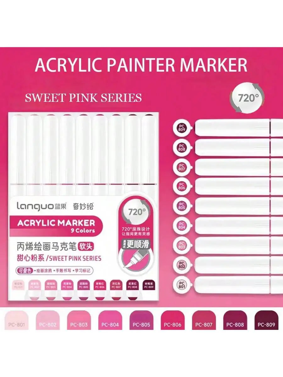 Languo 9pcs Soft Brush Acrylic Marker Pen Set