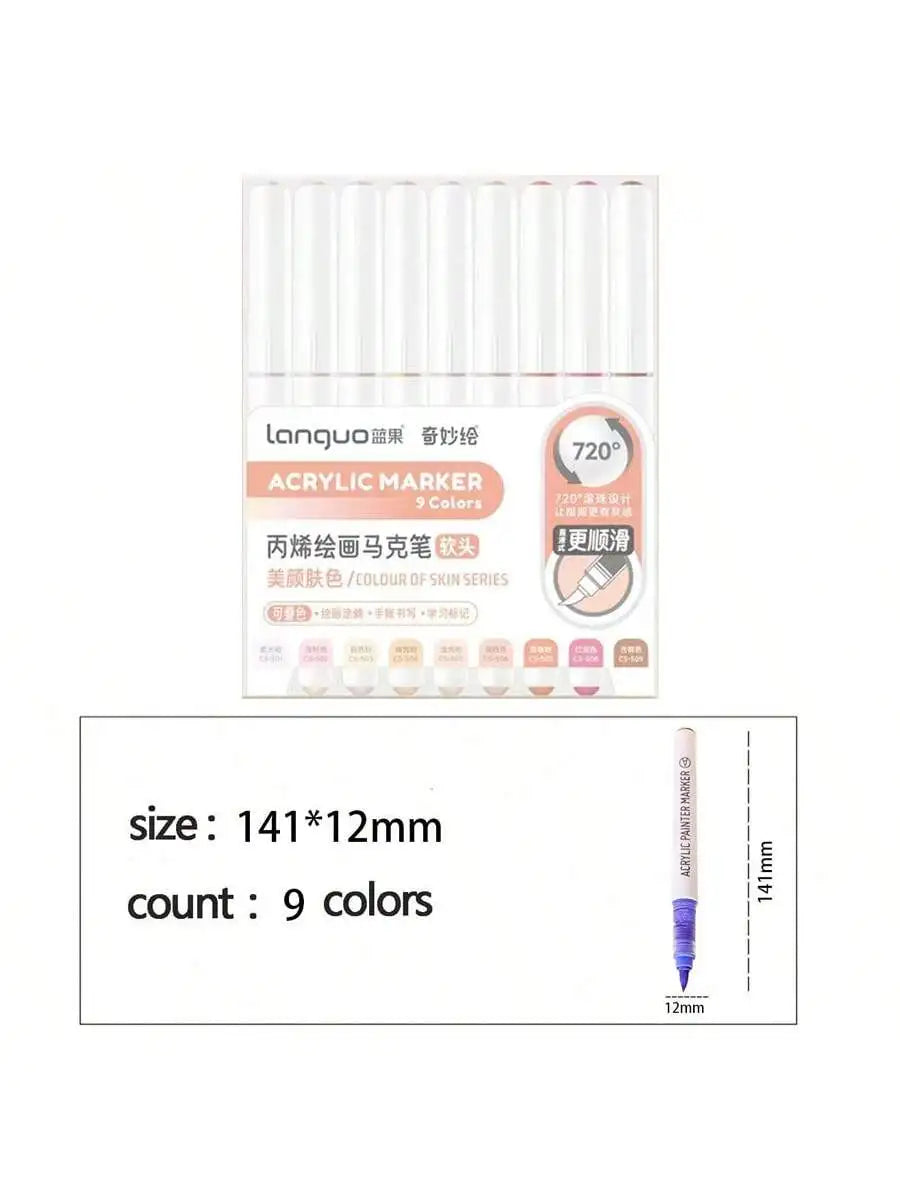 Languo 9pcs Soft Brush Acrylic Marker Pen Set